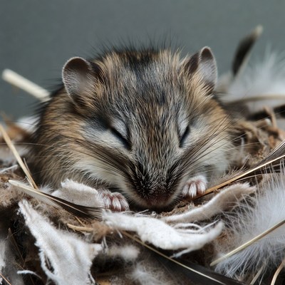 Sleeping hamster in feather nest