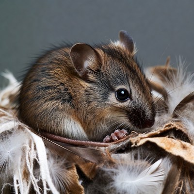Cute mouse in feather nest