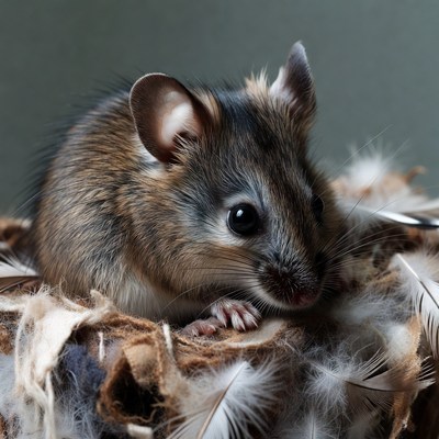 Cute mouse in feather nest