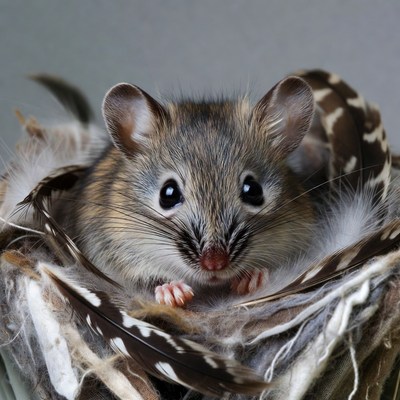 Cute mouse in feather nest