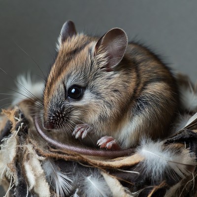 Cute deer mouse in feather nest
