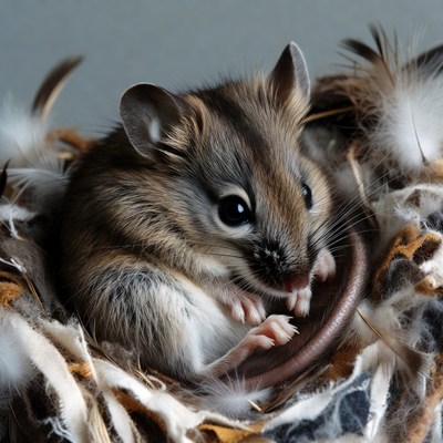 Cute mouse in feather nest