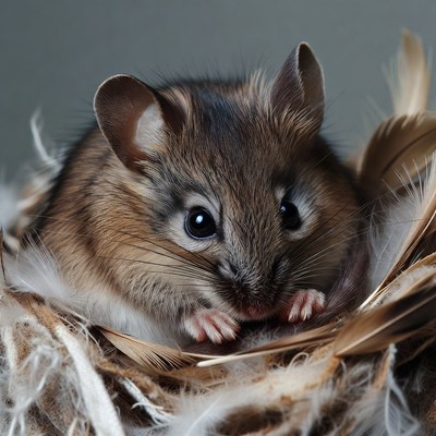 Cute mouse in feather nest