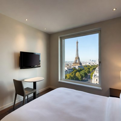 Hotel room view of Eiffel Tower