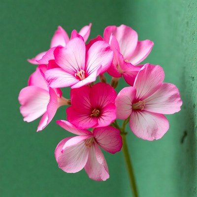 Pink Geranium Flowers Against Green Wall