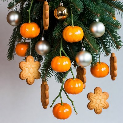 Christmas tree with oranges and cookies