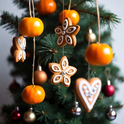 Christmas tree with oranges and gingerbread cookies