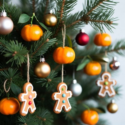Christmas tree with gingerbread men and oranges