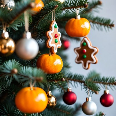 Christmas tree with gingerbread cookies oranges