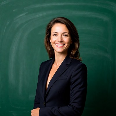 Smiling woman in suit by green chalkboard