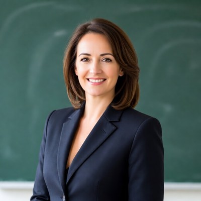 Smiling woman in suit by blackboard