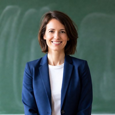 Smiling woman in blue blazer by chalkboard