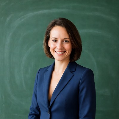 Smiling woman in blue suit by green chalkboard