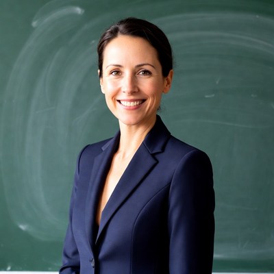 Smiling woman standing by green chalkboard