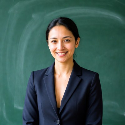 Asian woman smiling in front of green chalkboard