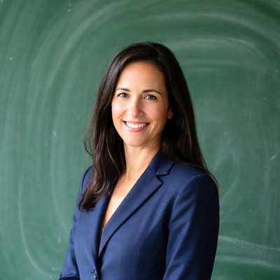 Smiling woman in suit by green chalkboard