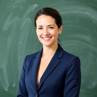 Smiling woman in navy blazer by green chalkboard