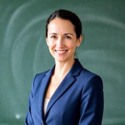 Smiling woman in blue blazer by green chalkboard