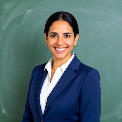 Smiling woman in blue suit by chalkboard