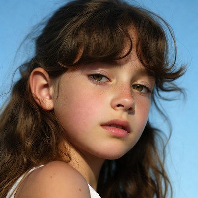 Girl with brown bangs blue sky
