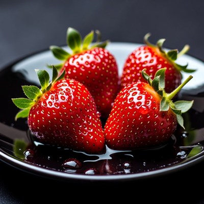 Four Fresh Strawberries on Black Plate
