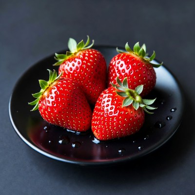 Four Fresh Strawberries on Black Plate