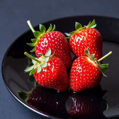 Four Fresh Strawberries on Black Plate