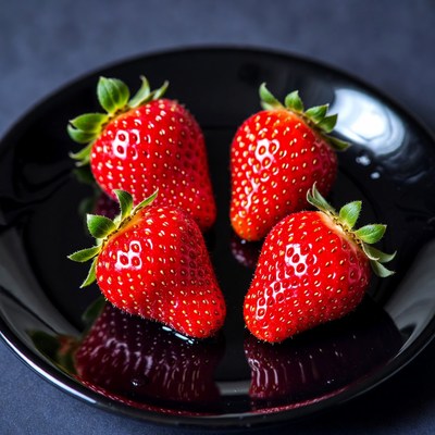 Four Fresh Strawberries on Black Plate
