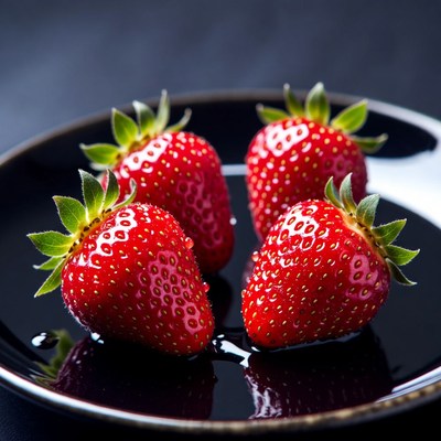 Four Strawberries on Black Plate