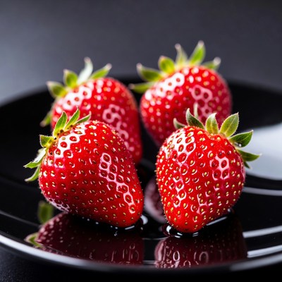 Four Fresh Strawberries on Black Plate