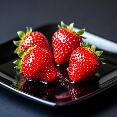 Four Fresh Strawberries on Black Plate