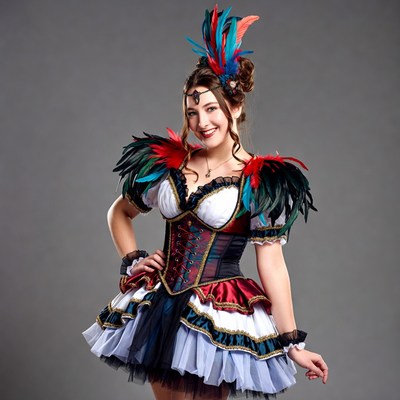 Woman in colorful feathered carnival costume