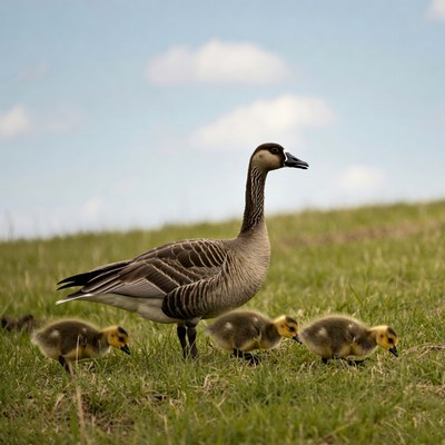 Mother Goose with Goslings on Grass
