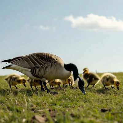 Canada goose with goslings grazing grass