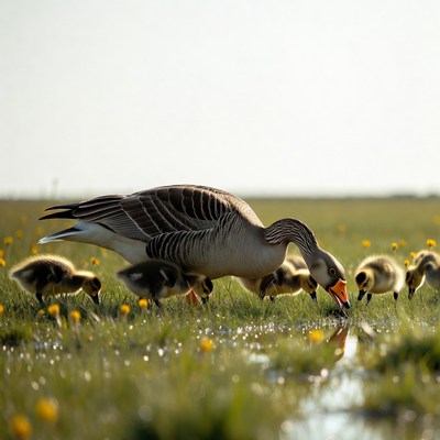 Mother Goose with Goslings in Field