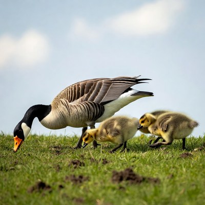 Canada goose with goslings grazing