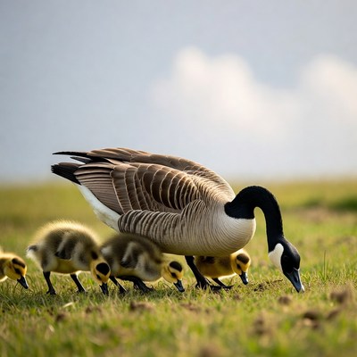 Canada Goose with Goslings in Grass