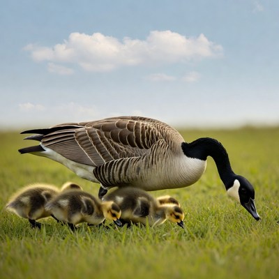 Canada Goose with Goslings in Grass