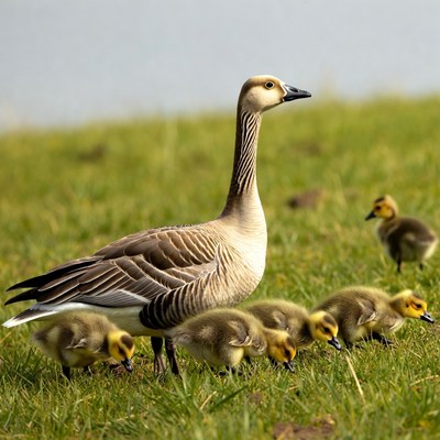 Mother Goose with Goslings in Grass