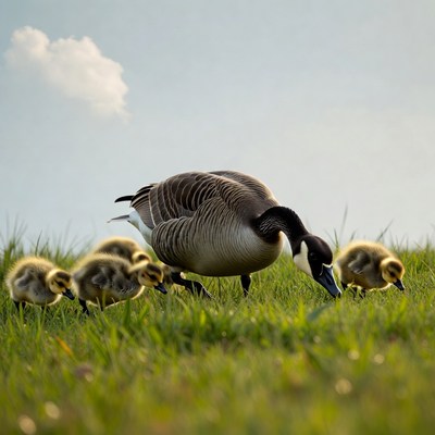 Canada Goose with Goslings in Grass
