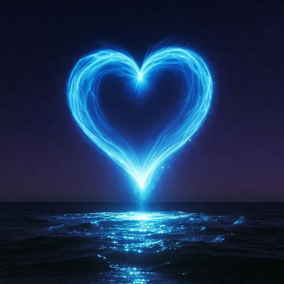 Glowing Blue Heart Over Ocean