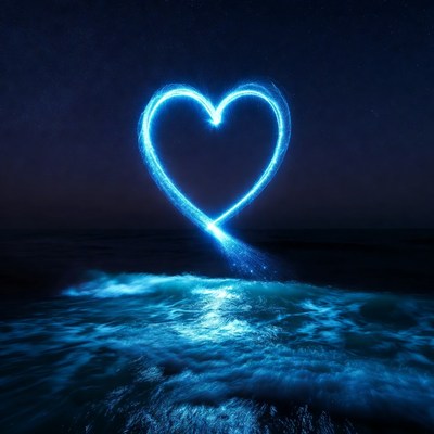 Glowing Blue Heart Over Ocean Waves