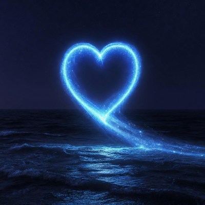 Glowing Blue Heart Over Ocean