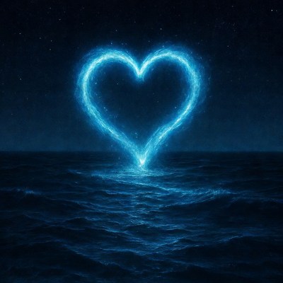 Glowing Blue Heart Over Night Ocean