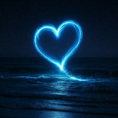 Glowing Blue Heart Over Ocean Waves