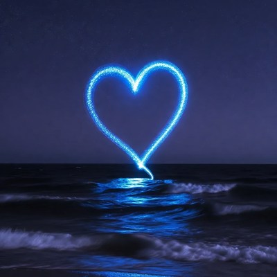 Glowing Blue Heart Over Ocean Waves