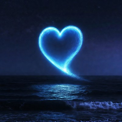 Glowing Blue Heart Over Ocean Waves