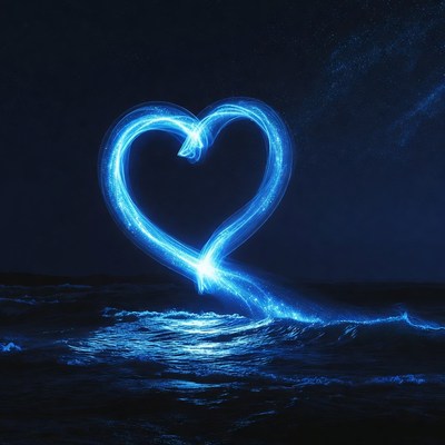 Glowing Blue Heart Over Ocean Waves