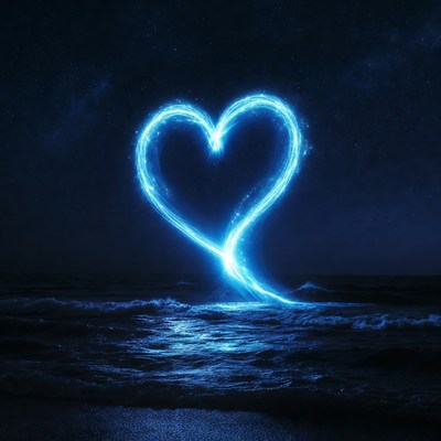 Glowing Blue Heart Over Ocean Waves