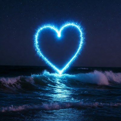 Glowing Blue Heart Over Ocean Waves